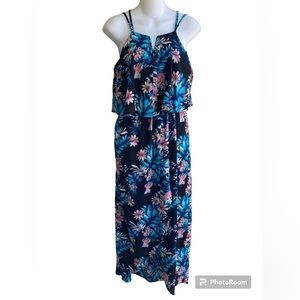 Monteau Black Multi Floral Midi Flounce Dress Spaghetti Strap High Low Junior M